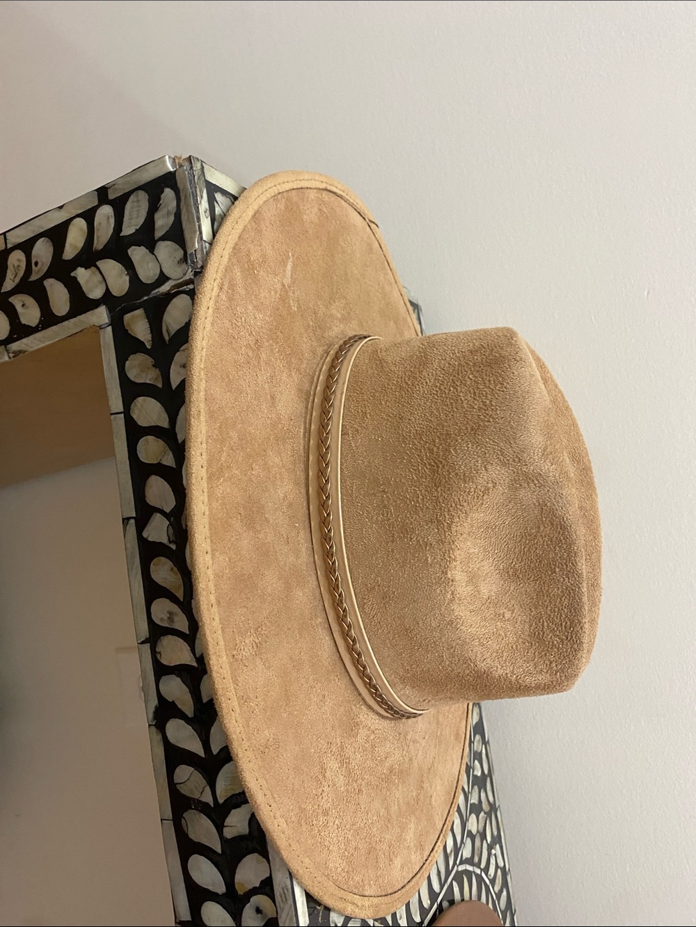 Women’s ASN Tan Suede Wide-Brim Hat with Braided Trim